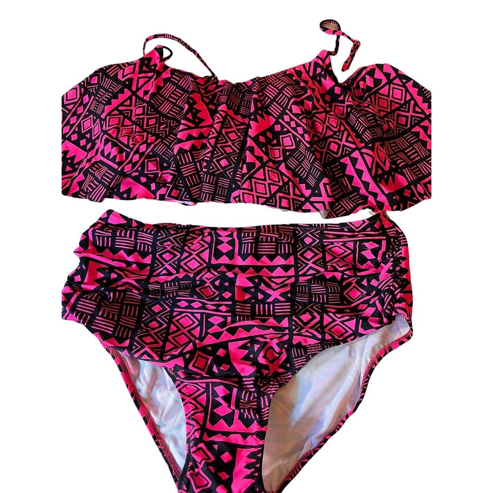 Hot Pink & Black Tribal Ruffle Two Pieces Swim suit Woman's Size XXL